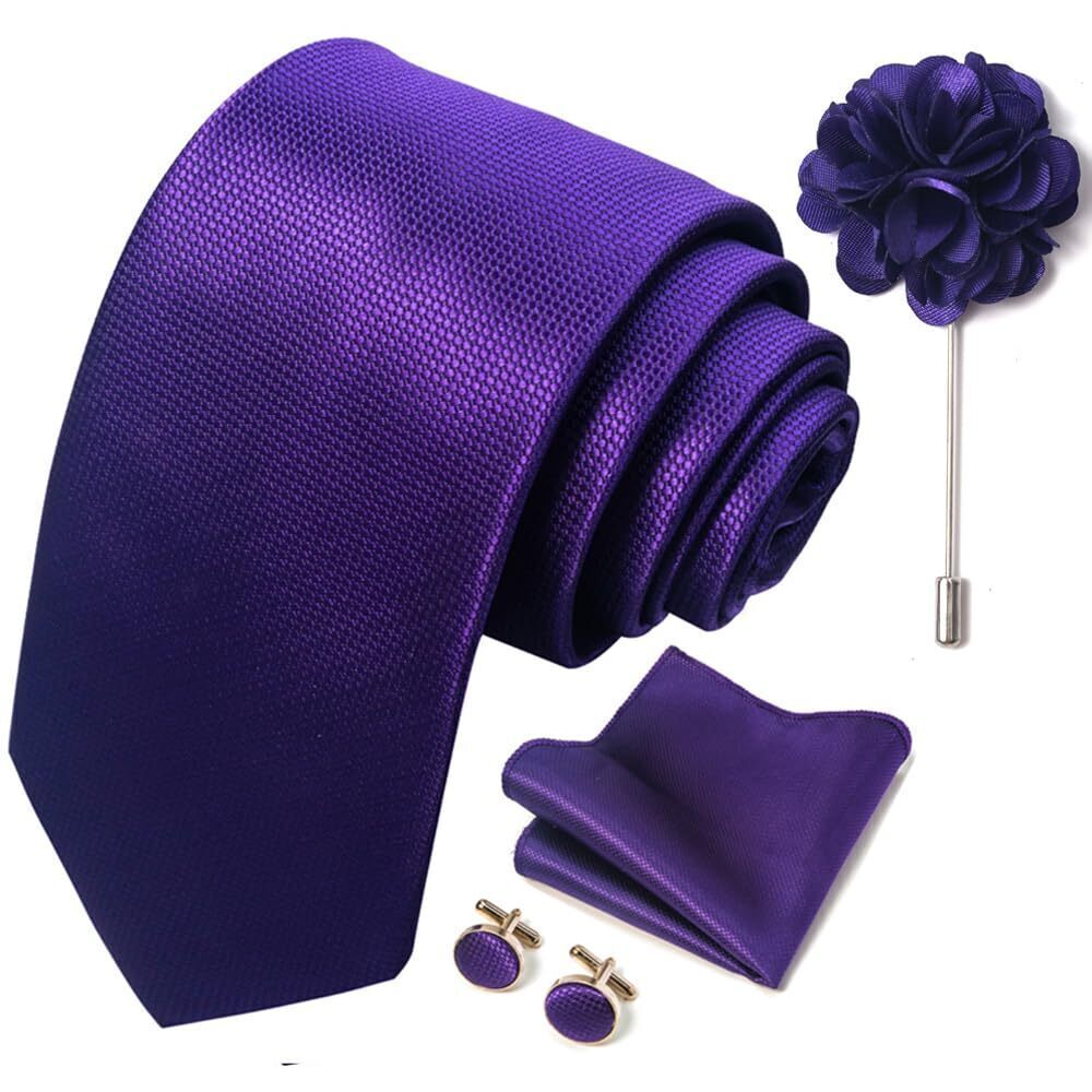 9676 Solid Color Ties Set Handkerchief Cufflinks Brooch 3.15 inches Classic